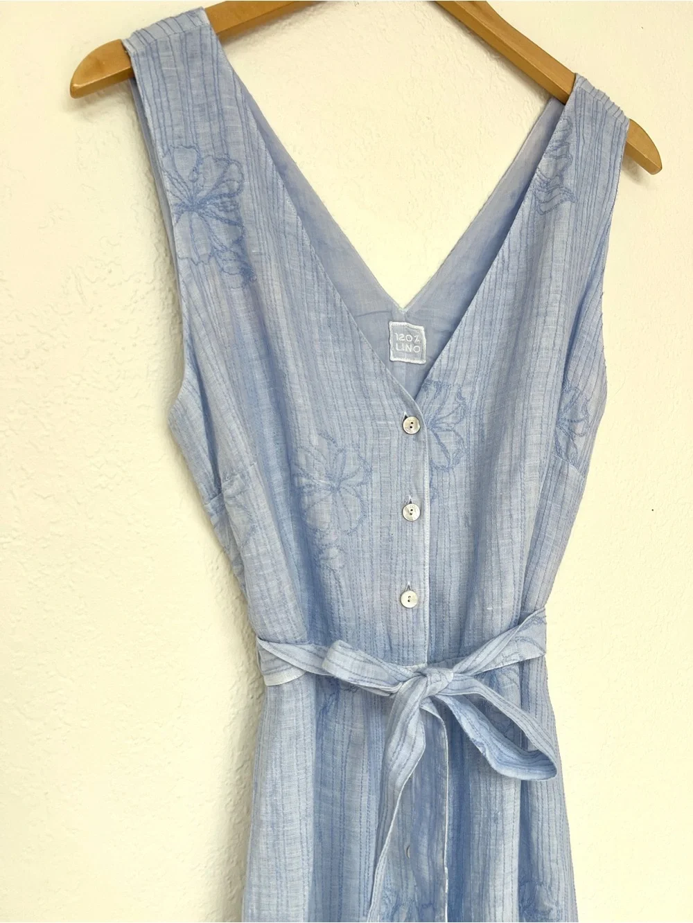 120% LINO dress / light blue V neck sleeveless belted midi / size 10 - Picture 4 of 7